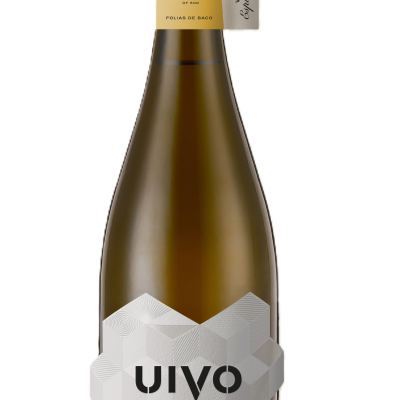 Garrafa de vinho espumante UIVO com rótulo branco geométrico e etiqueta amarela