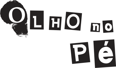 Texto 'OLHO no Pé' em letras recortadas de revistas com fundo transparente