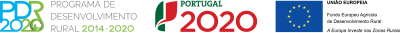 Logótipos do Programa de Desenvolvimento Rural 2014-2020, Portugal 2020 e União Europeia em fundo preto.