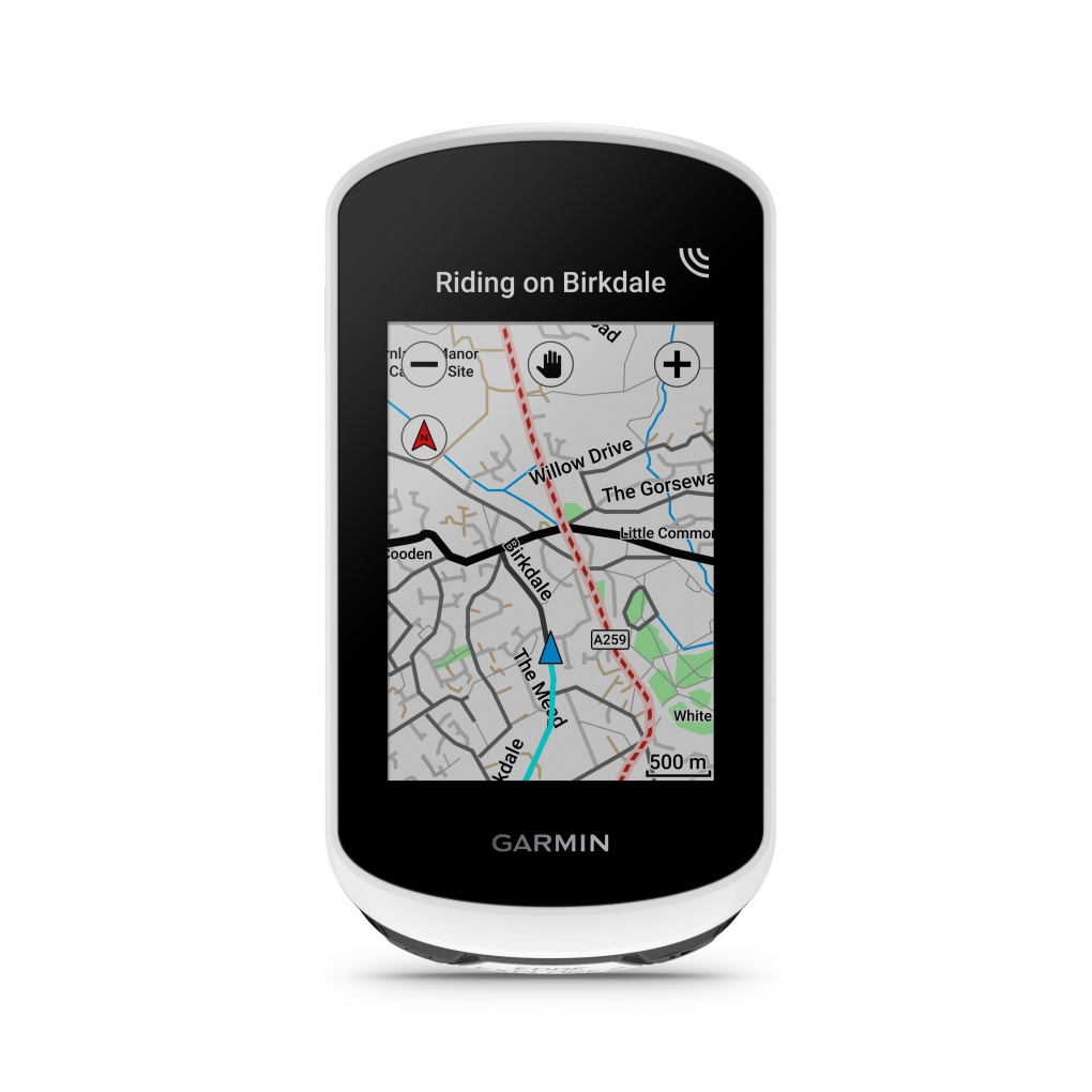Computador de bicicleta Garmin com ecrã a cores a mostrar mapa e texto Riding on Birkdale