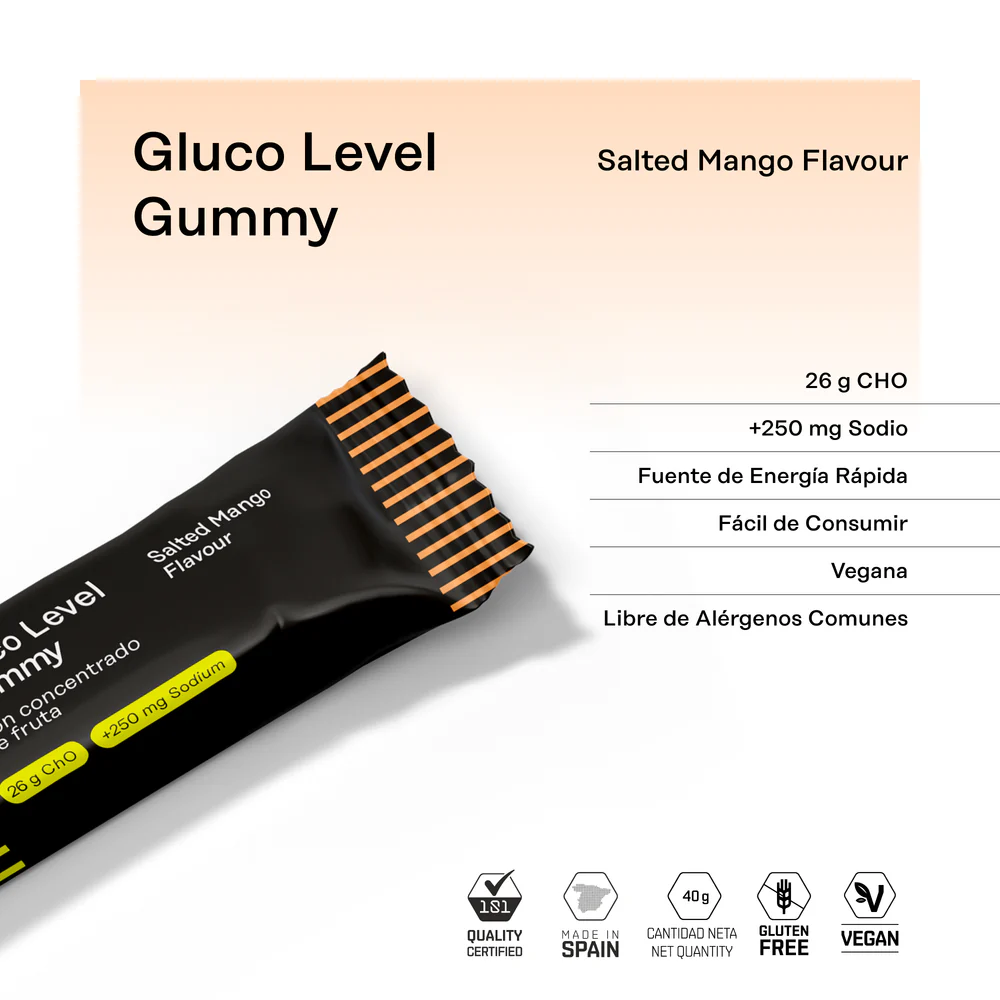Embalagem preta e laranja de Gluco Level Gummy sabor Salty Mango Flavour com indicações nutricionais e símbolos de qualidade e certificação.