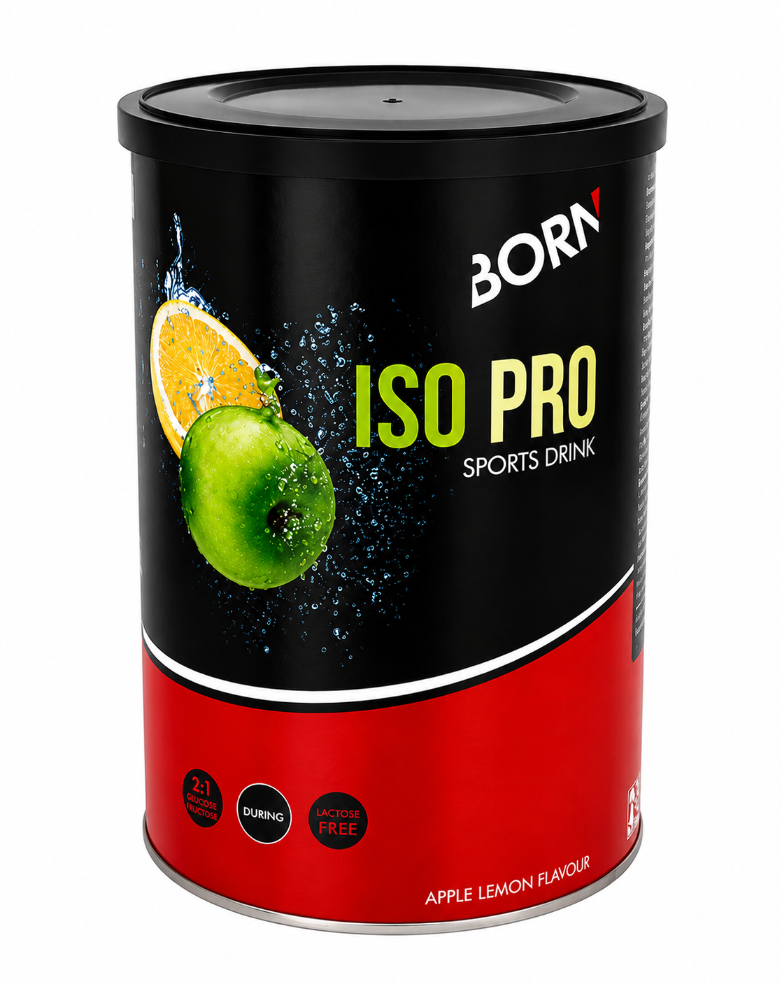 Recipiente preto e vermelho com produto ISO PRO sabor maçã e limão