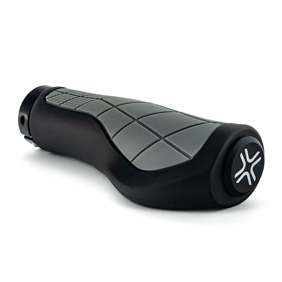Punho ergonómico de bicicleta preto e cinza com padrão de relevo e símbolo branco