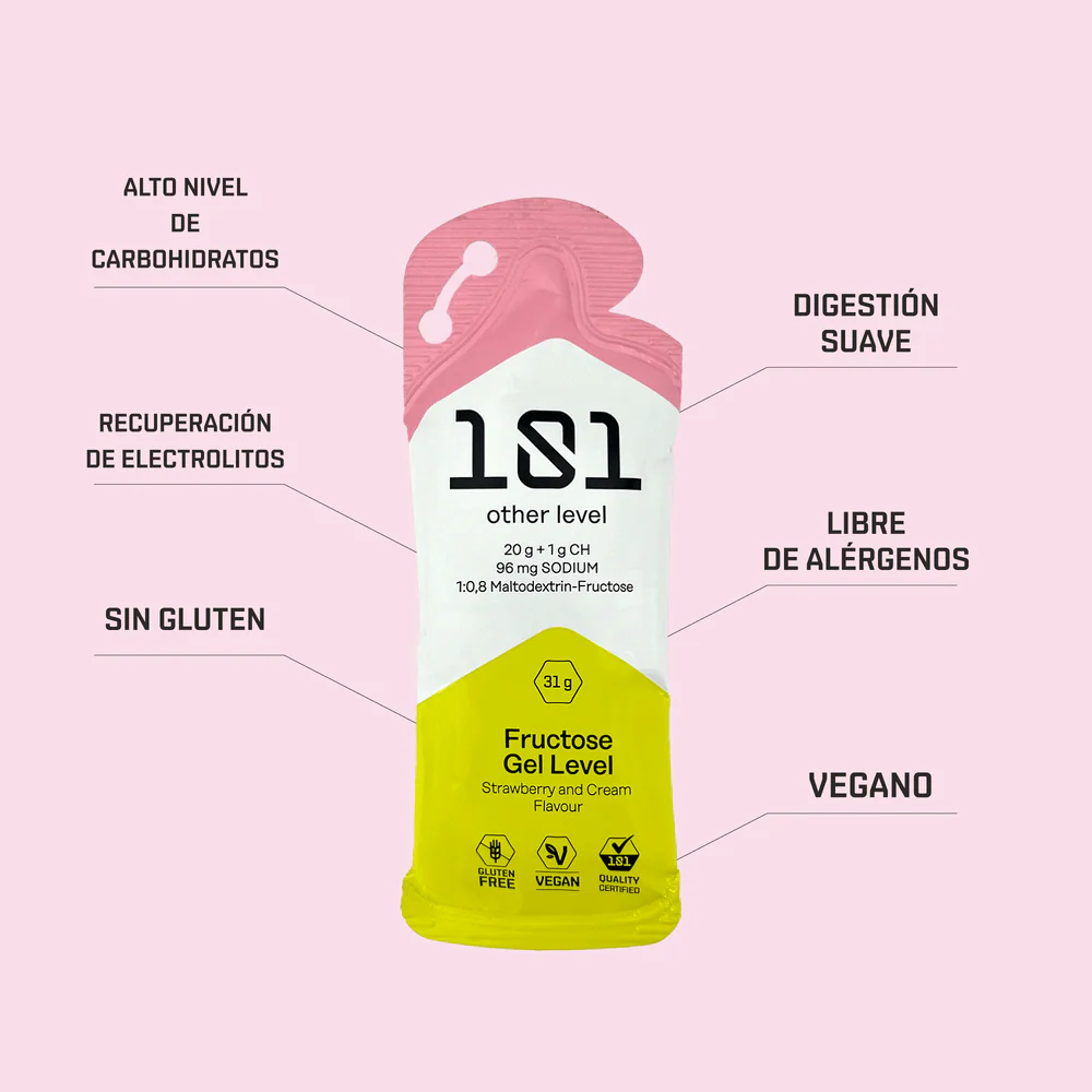 Gel energético em embalagem colorida com texto em espanhol