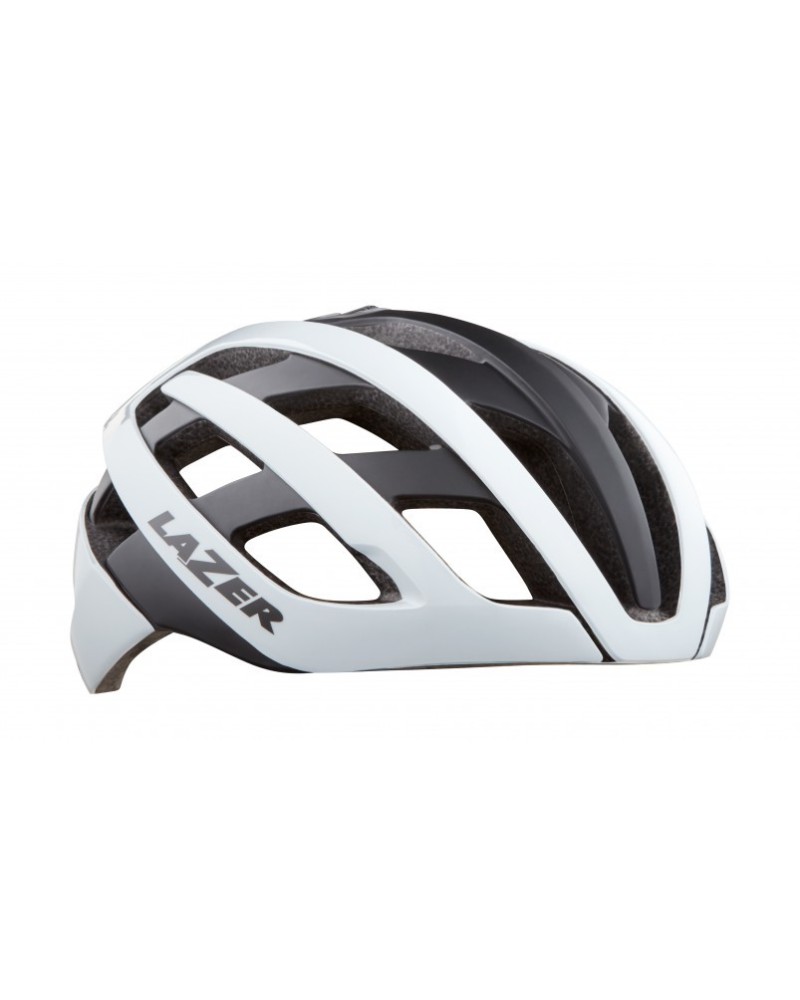 Capacete de ciclismo branco e preto com texto LAZER na lateral