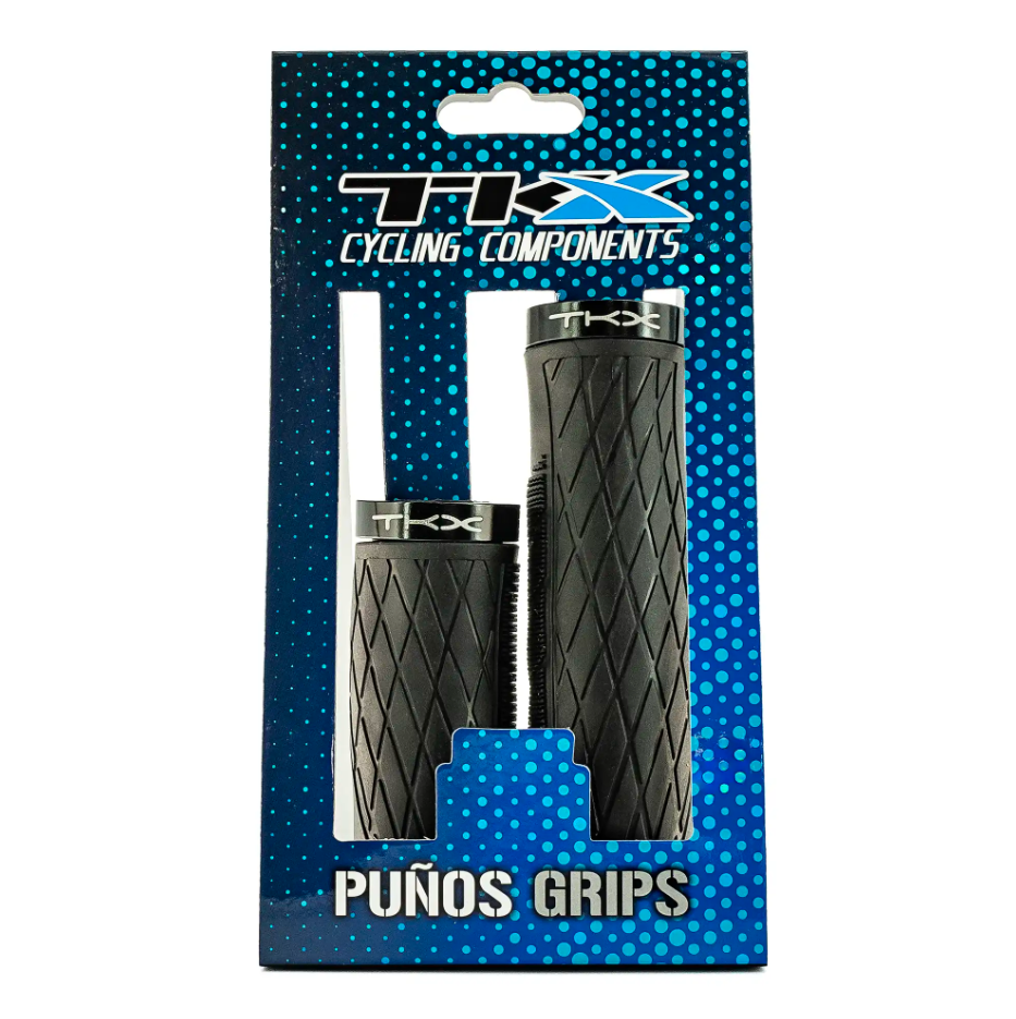 Conjunto de puños de bicicleta TKX em embalagem azul com padrão de pontos e texto