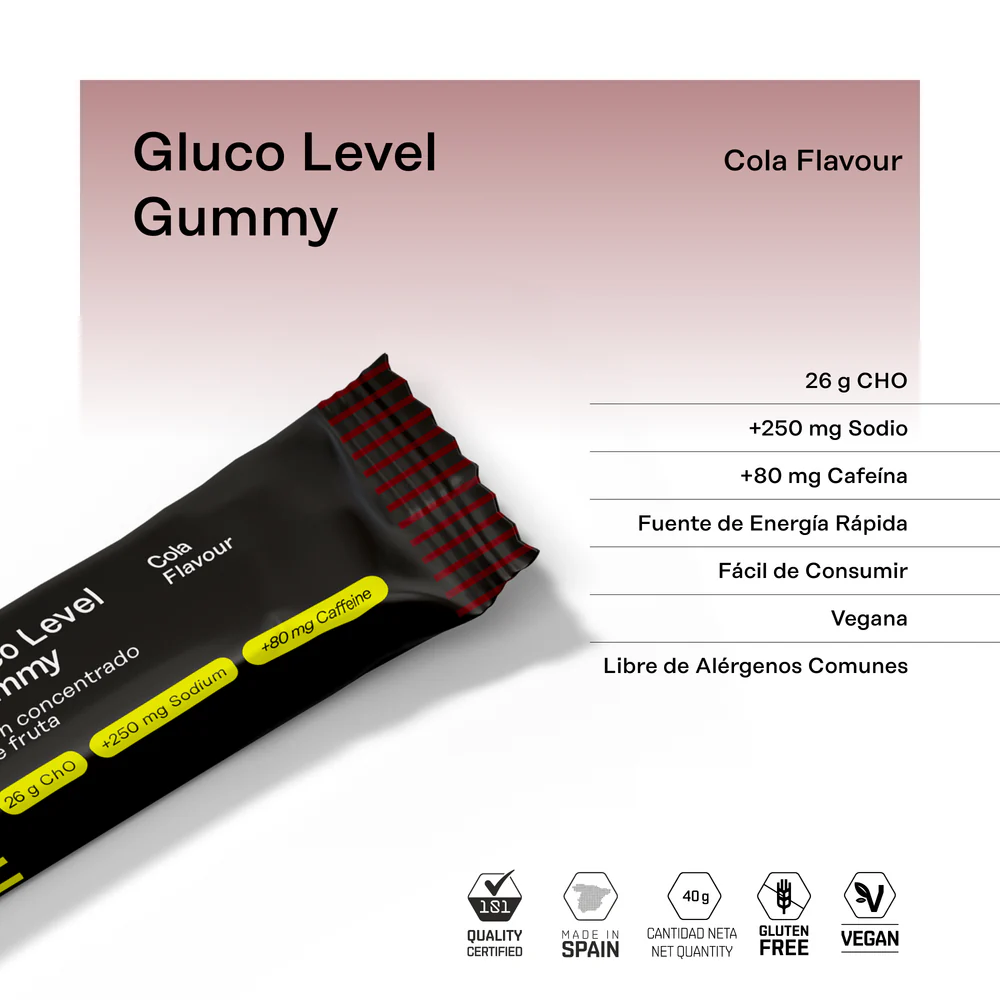 Barra Gluco Level Gummy sabor Cola em embalagem preta e vermelha com texto sobre composição e ícones de certificação