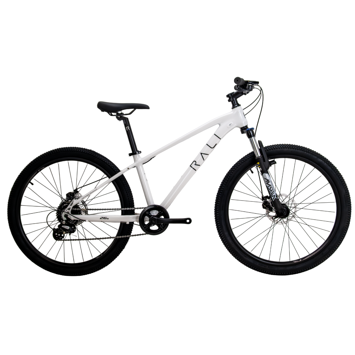 Bicicleta de montanha branca com pneus pretos e suspensão dianteira