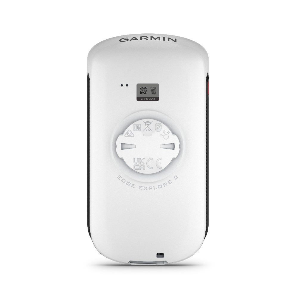Dispositivo Garmin EDGE EXPLORE 2 branco, vista traseira com texto e símbolos