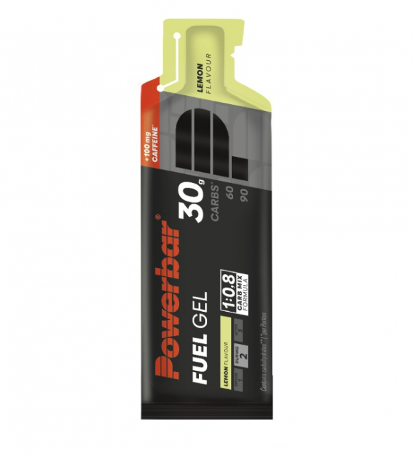 Pacote de gel energético Powerbar Fuel Gel sabor limão em embalagem preta e amarela