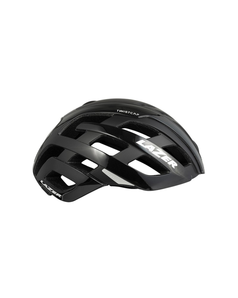 Capacete de ciclismo preto LAZER com várias aberturas e texto branco