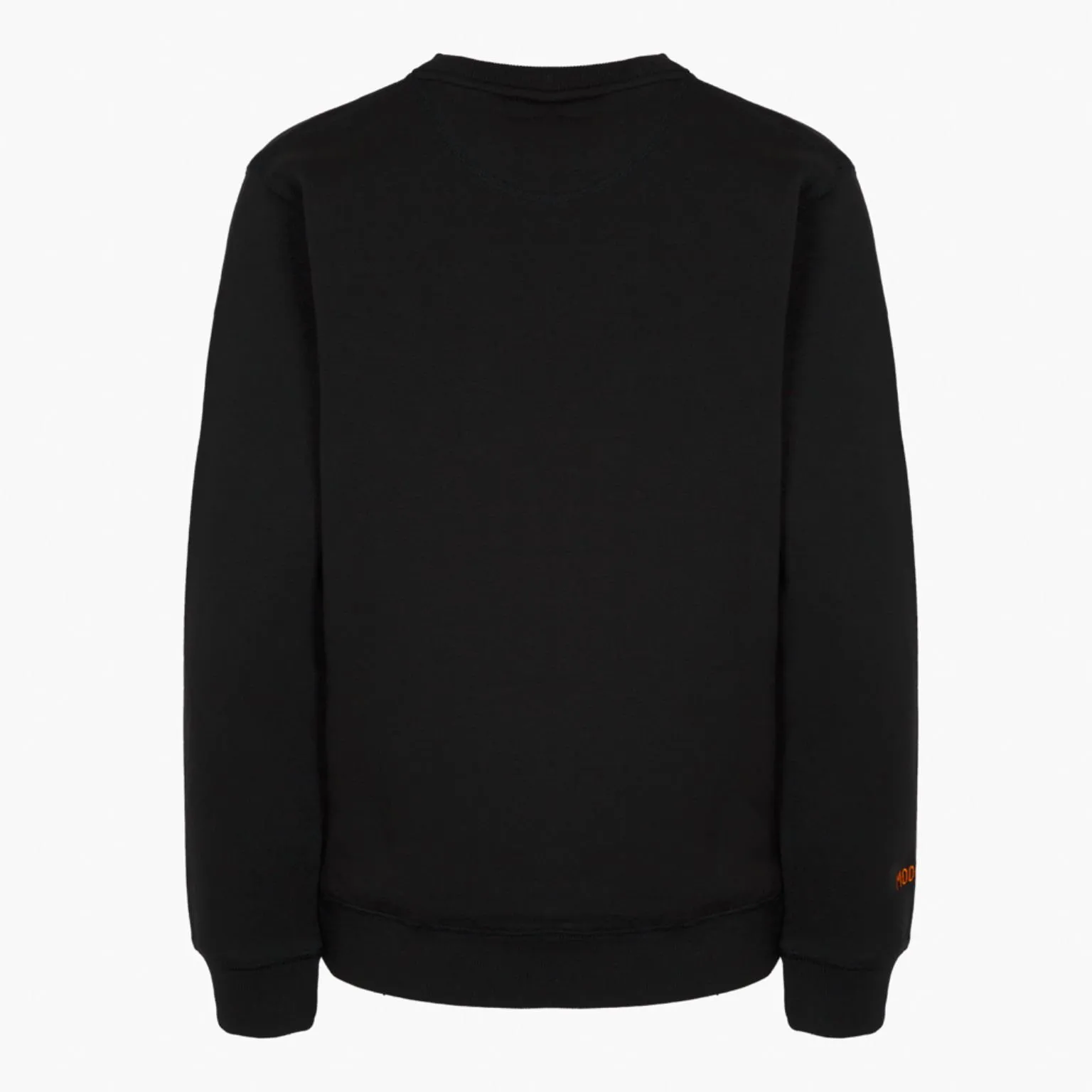 Sweatshirt preta vista de costas com detalhe laranja na manga
