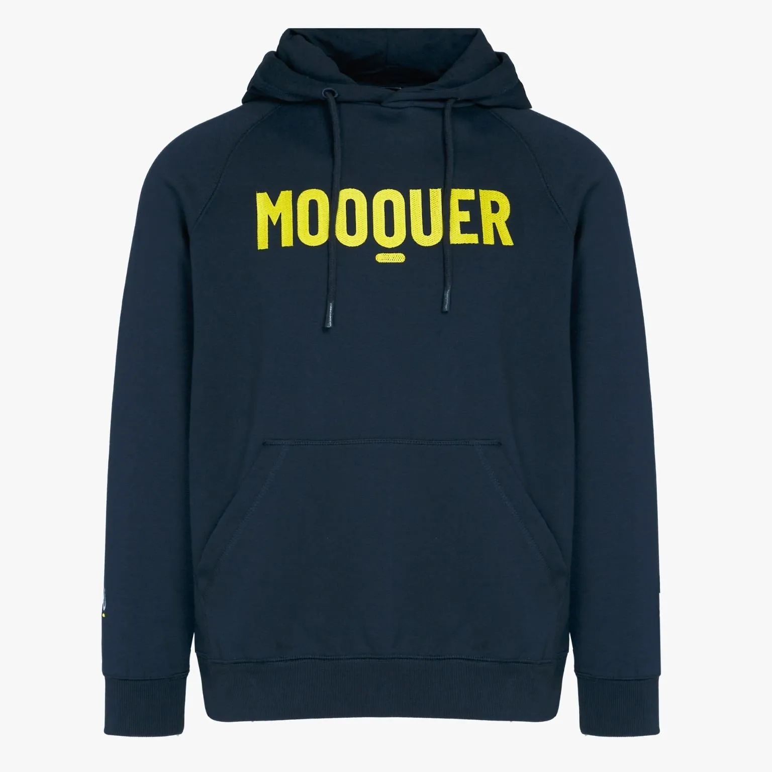 Sweatshirt azul escuro com capuz e texto amarelo MOOQUER