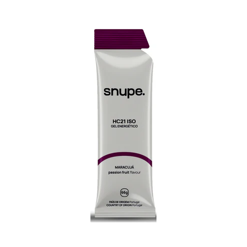Gel energético Snupe HC21 ISO sabor maracujá em embalagem branca e roxa