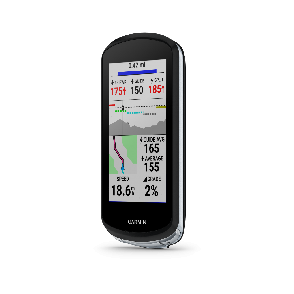 Computador de ciclismo Garmin com ecrã colorido a mostrar dados