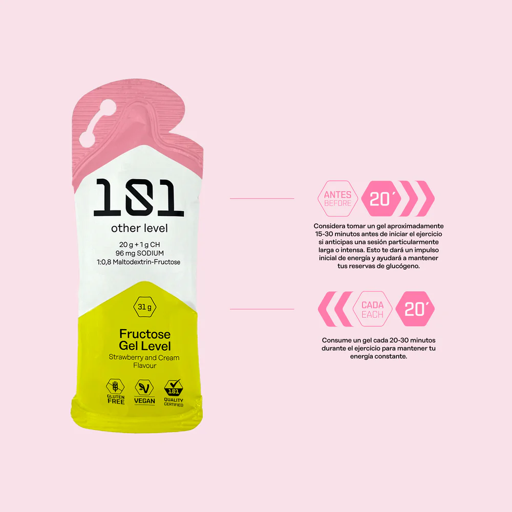 Embalagem de geleia energética Fructose Gel Level com design em amarelo, branco e rosa
