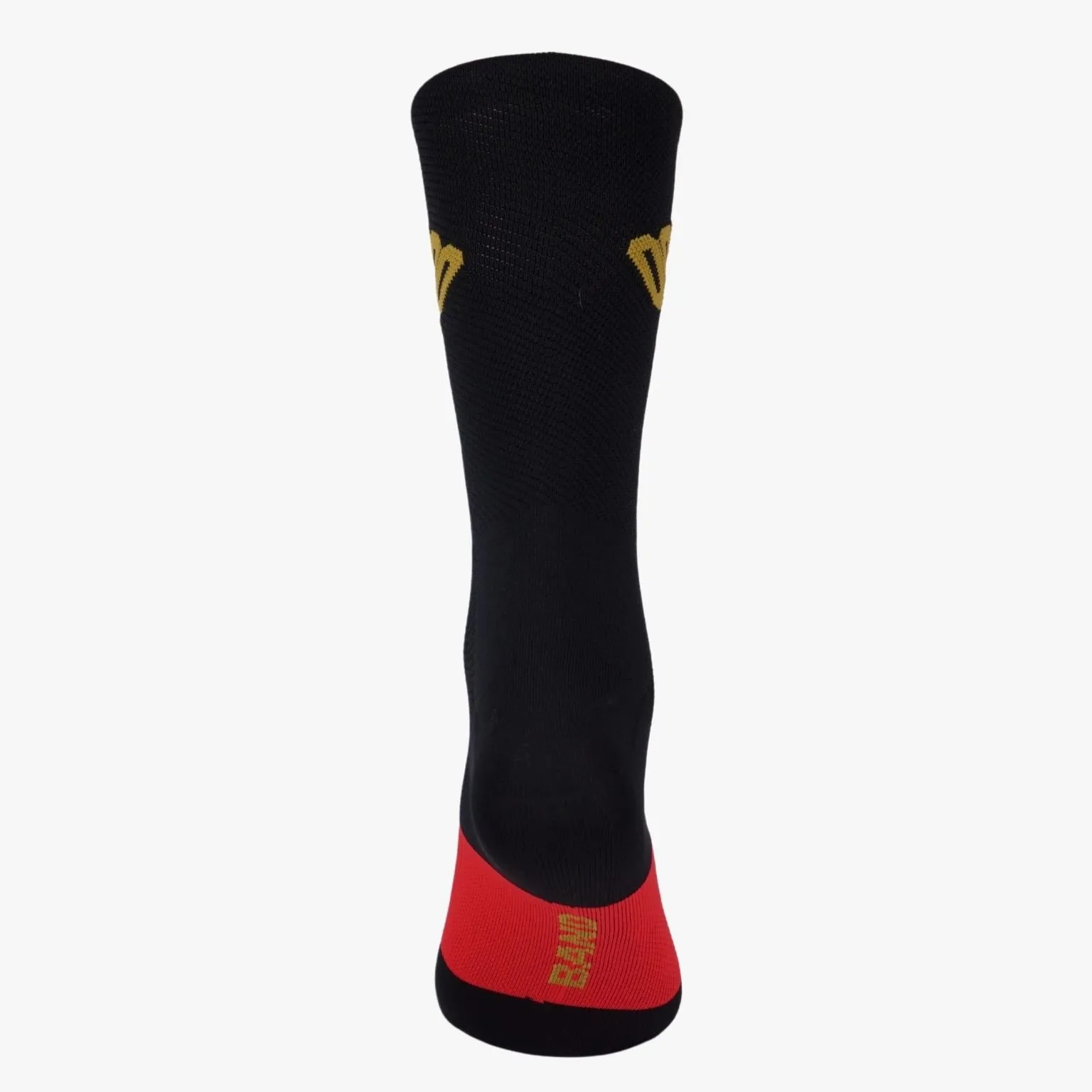 Meia desportiva preta com detalhes em vermelho e dourado