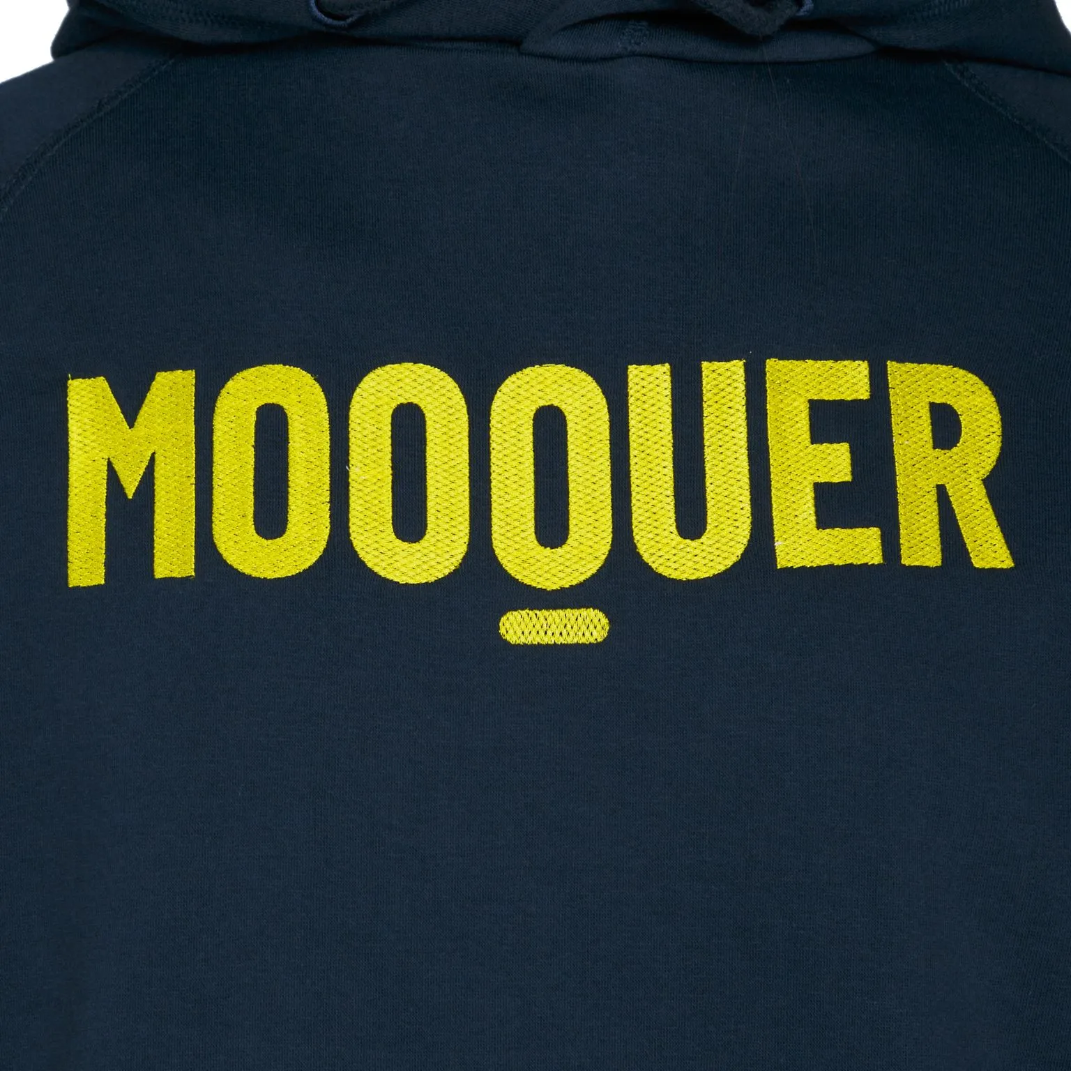 Camisola com capuz azul escuro com texto bordado amarelo MOOQUER