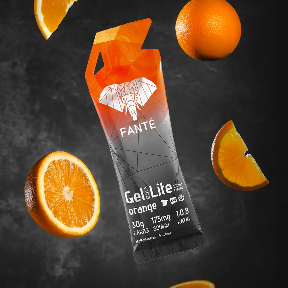 Pacote de suplemento alimentar Gel Lite orange da marca FANTÉ com detalhes laranja e cinza e laranjas frescas ao redor