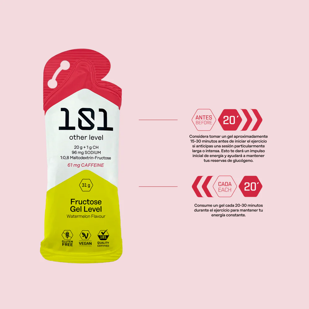 Pacote de gel energético Fructose Gel Level de melancia com informações nutricionais e etiquetas de qualidade.