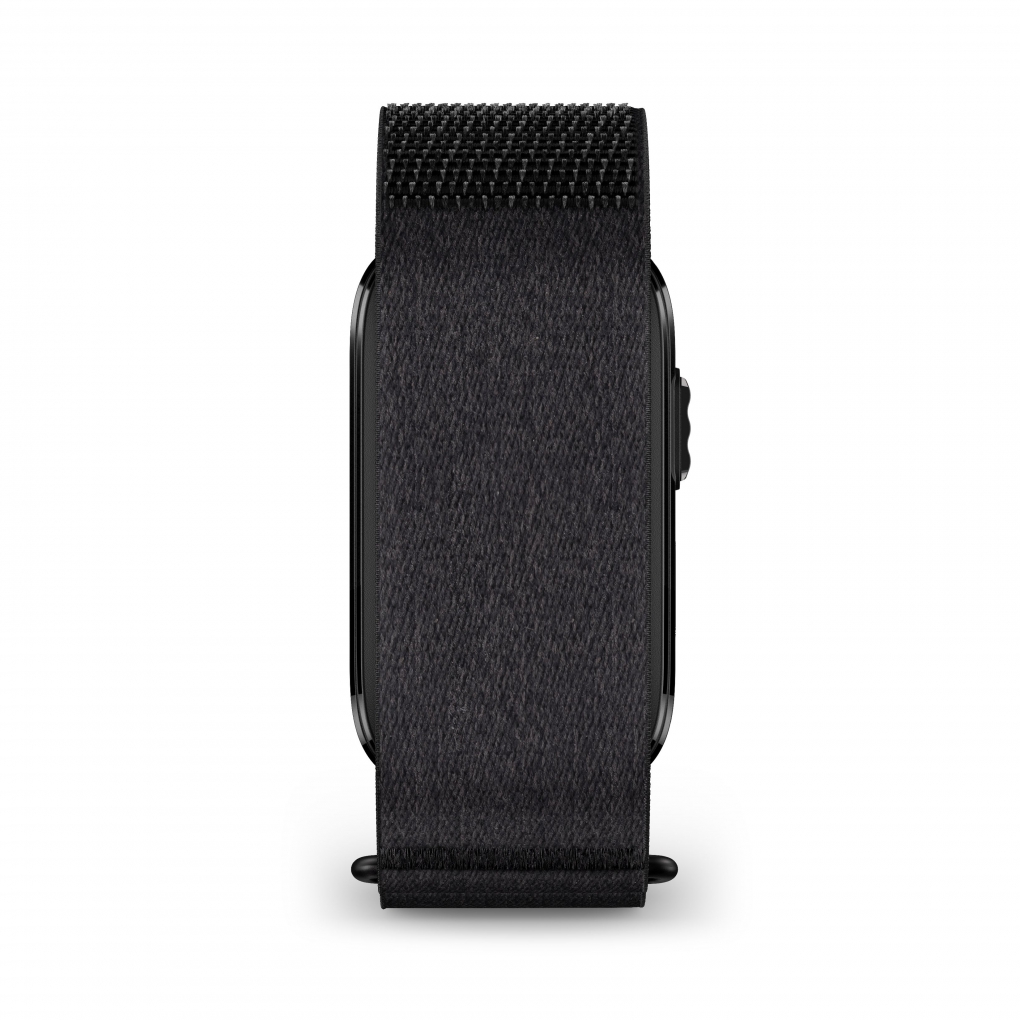 Smartwatch com bracelete de tecido preto com fecho de velcro