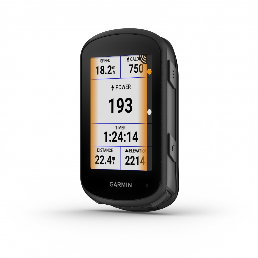 Computador ciclismo Garmin preto com ecrã colorido a mostrar dados de treino