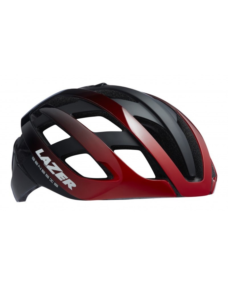 Capacete de ciclismo preto e vermelho com texto LAZER GENEISIS