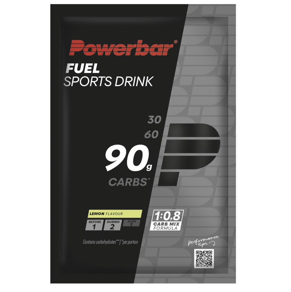 Embalagem preta e cinza de bebida desportiva Powerbar Fuel Sports Drink sabor limão