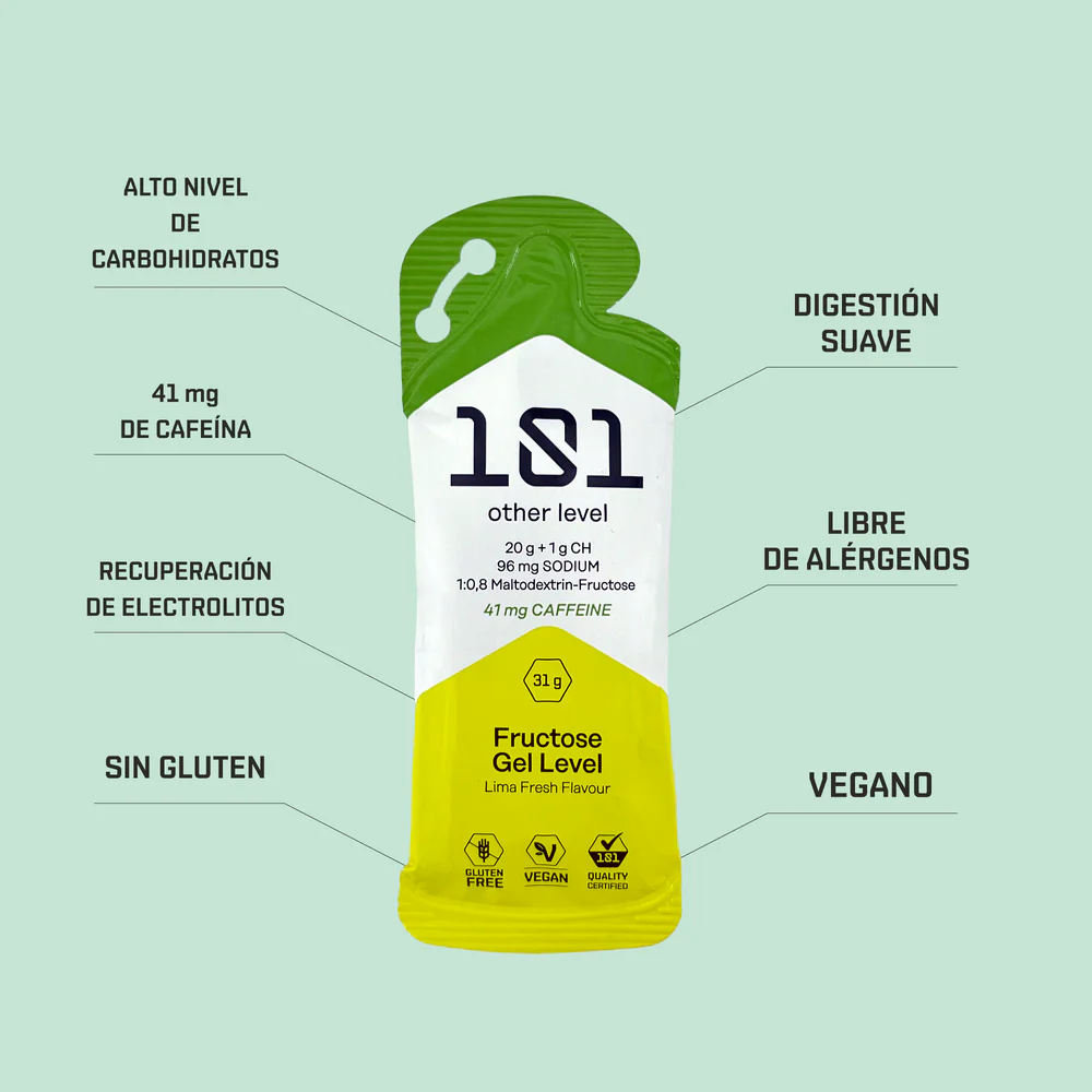 Embalagem de gel energético verde e amarelo 181 other level sabor lima