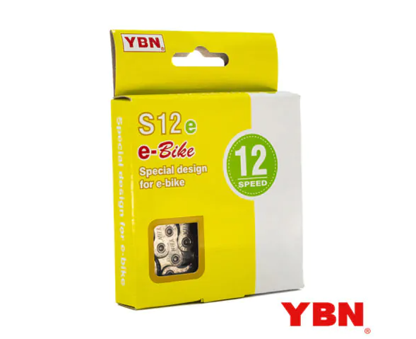 Embalagem amarela e branca para corrente de bicicleta marca YBN