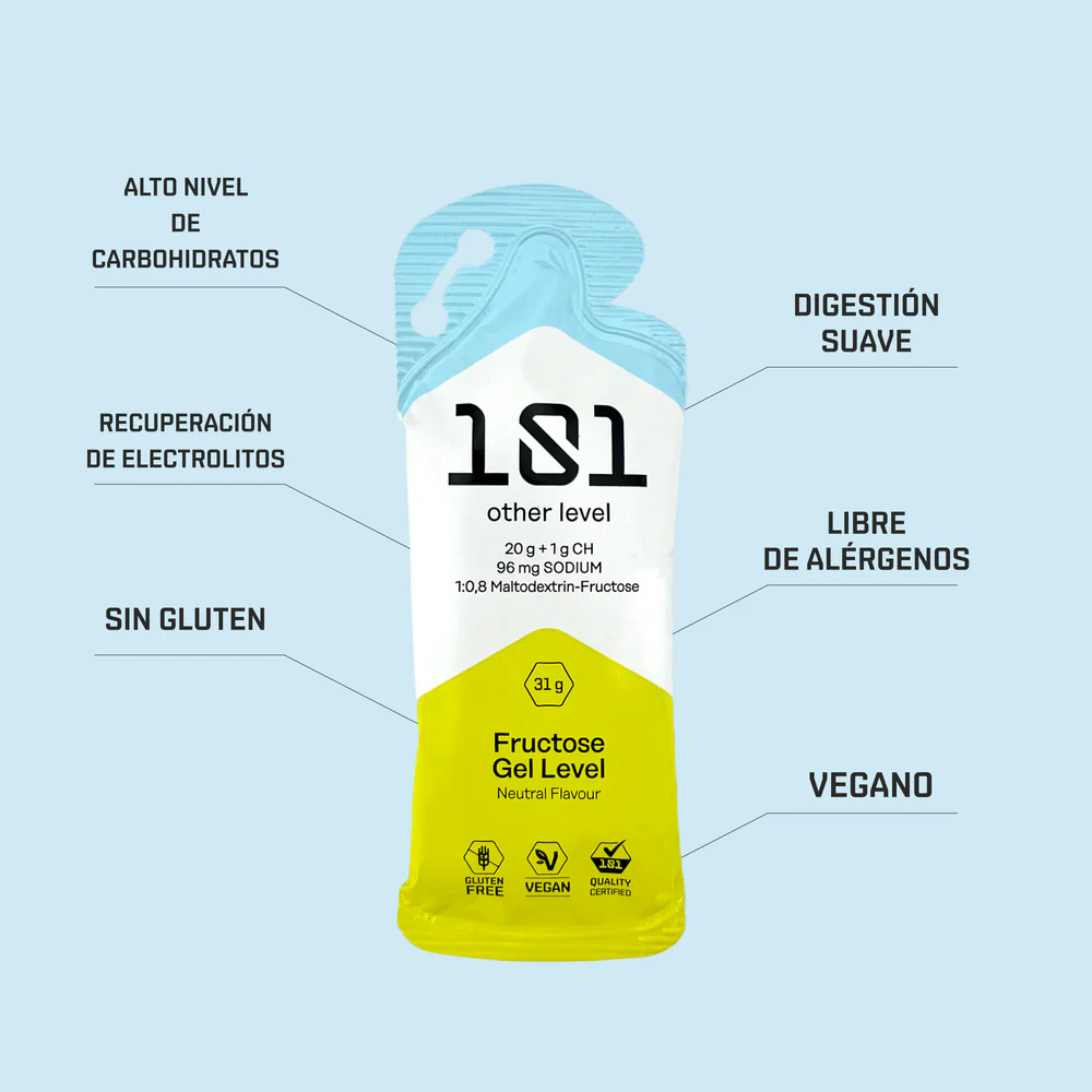 Embalagem de gel de frutose nas cores azul, branco e amarelo com informações nutricionais em espanhol