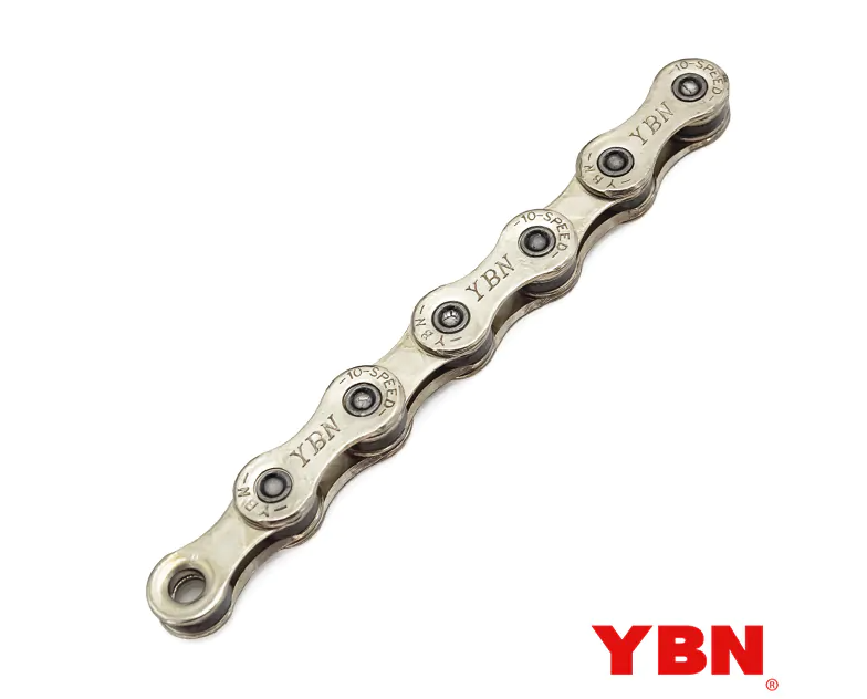 Corrente prateada de bicicleta com texto YBN e 10-SPEED