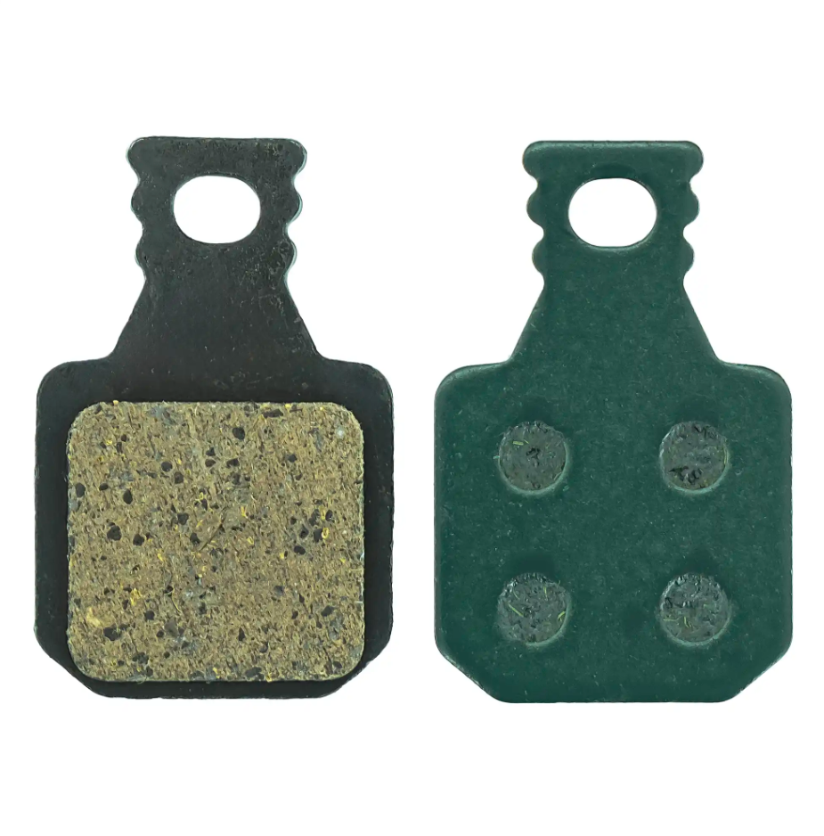Pastilhas de travão para bicicleta, vista frontal e traseira, um lado com material cinza áspero e outro verde com pinos.