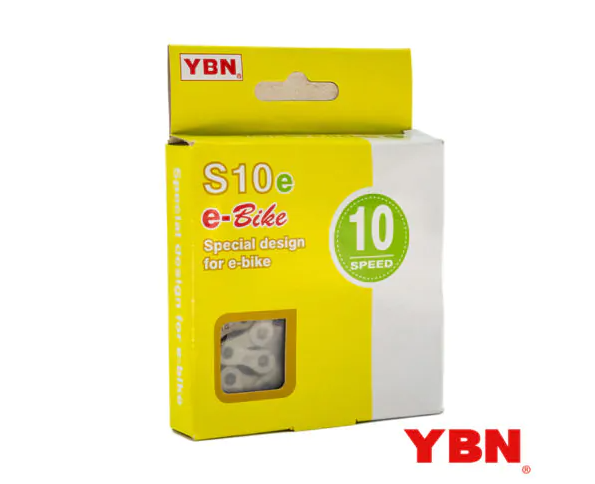 Caixa de corrente para bicicleta elétrica S10e da marca YBN, amarela e branca.