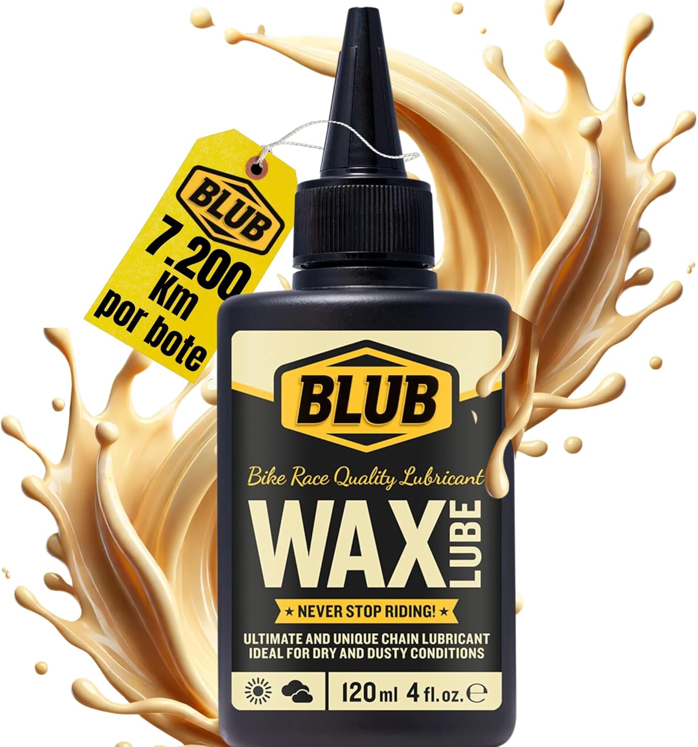 Frasco preto de lubrificante para corrente de bicicleta BLUB WAX LUBE com etiqueta amarela e cartaz com texto 7.200 km por bote.