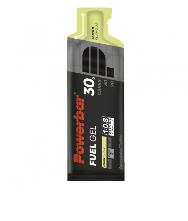 Gel energético Powerbar Fuel Gel sabor limão em embalagem preta e amarela