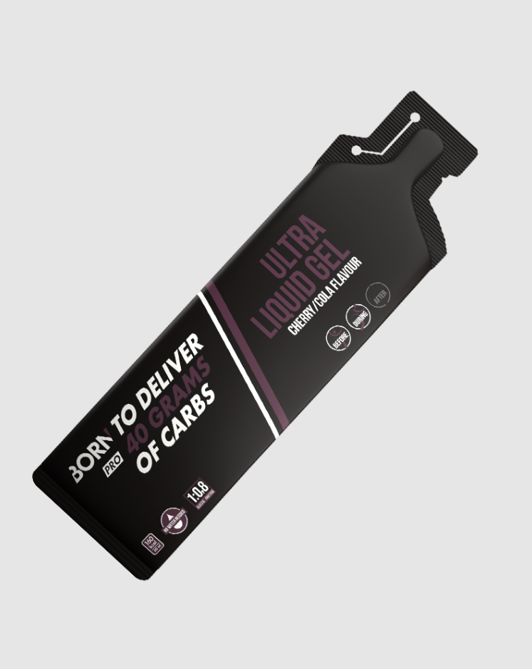 Sachet preto de gel alimentar Ultra Liquid Gel sabor Cherry/Cola com texto em branco e roxo