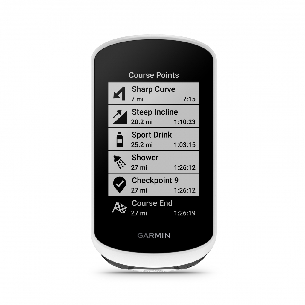 Dispositivo GPS Garmin com ecrã preto mostrando pontos de percurso e informações detalhadas.