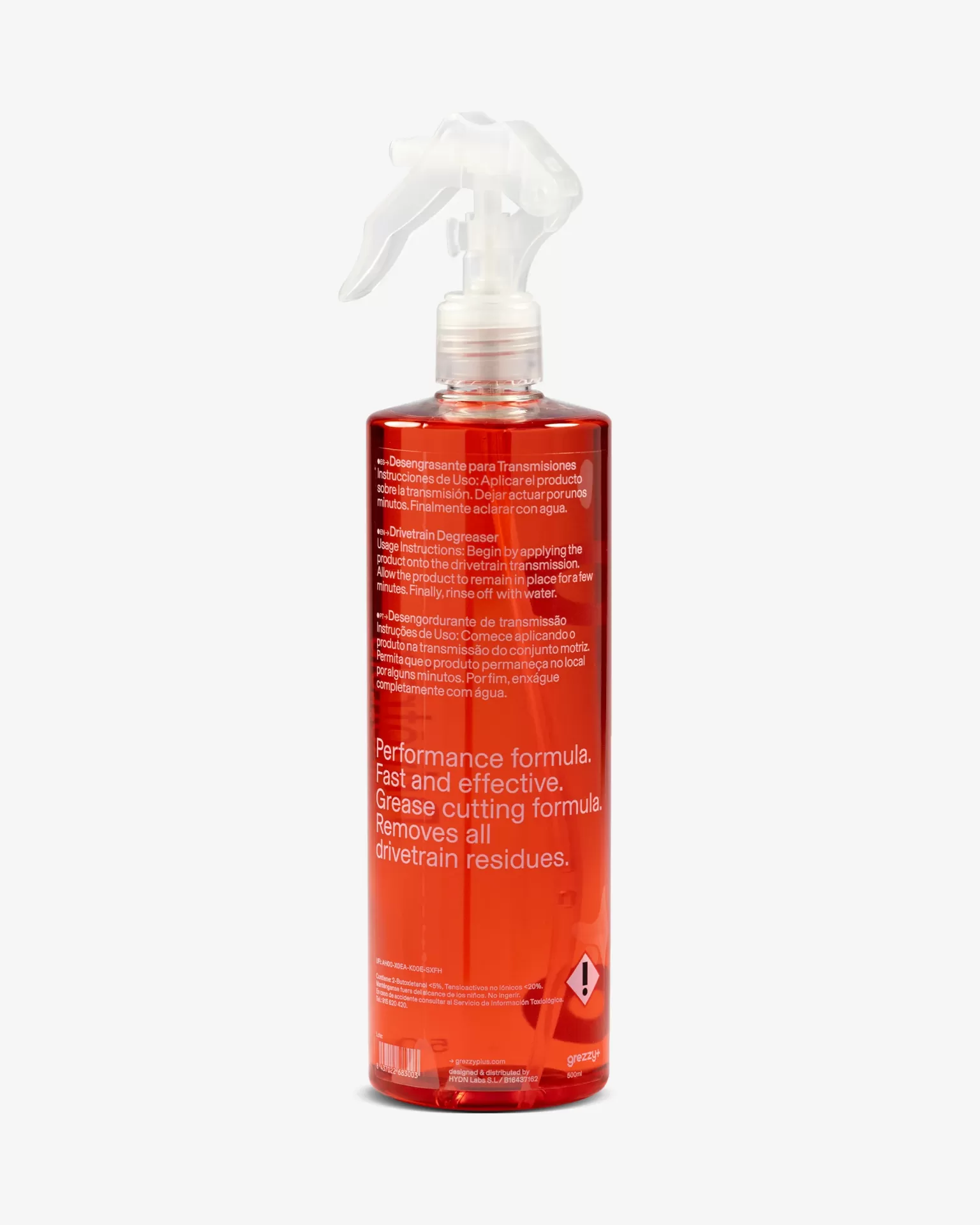 Frasco de spray vermelho para desengordurante de transmissões com texto instrucional