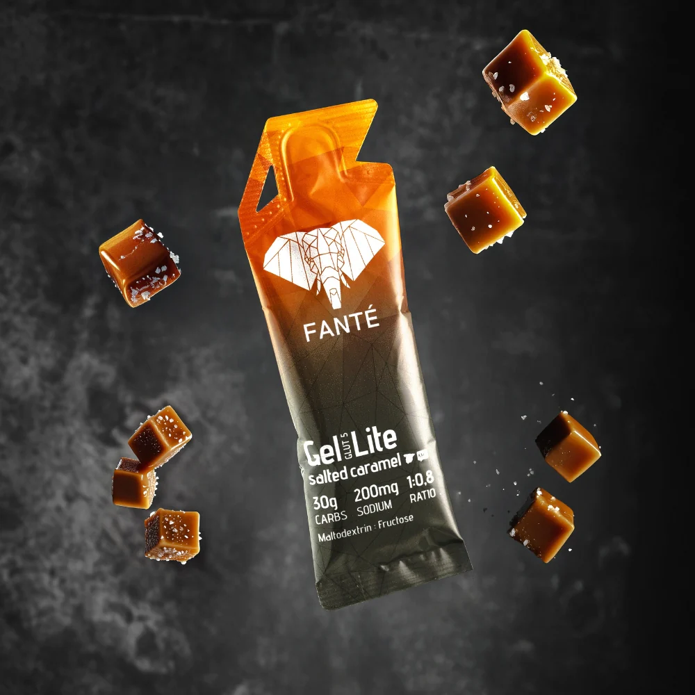 Embalagem de gel doce FANTÉ com sabor salted caramel e cubos de caramelo salgado