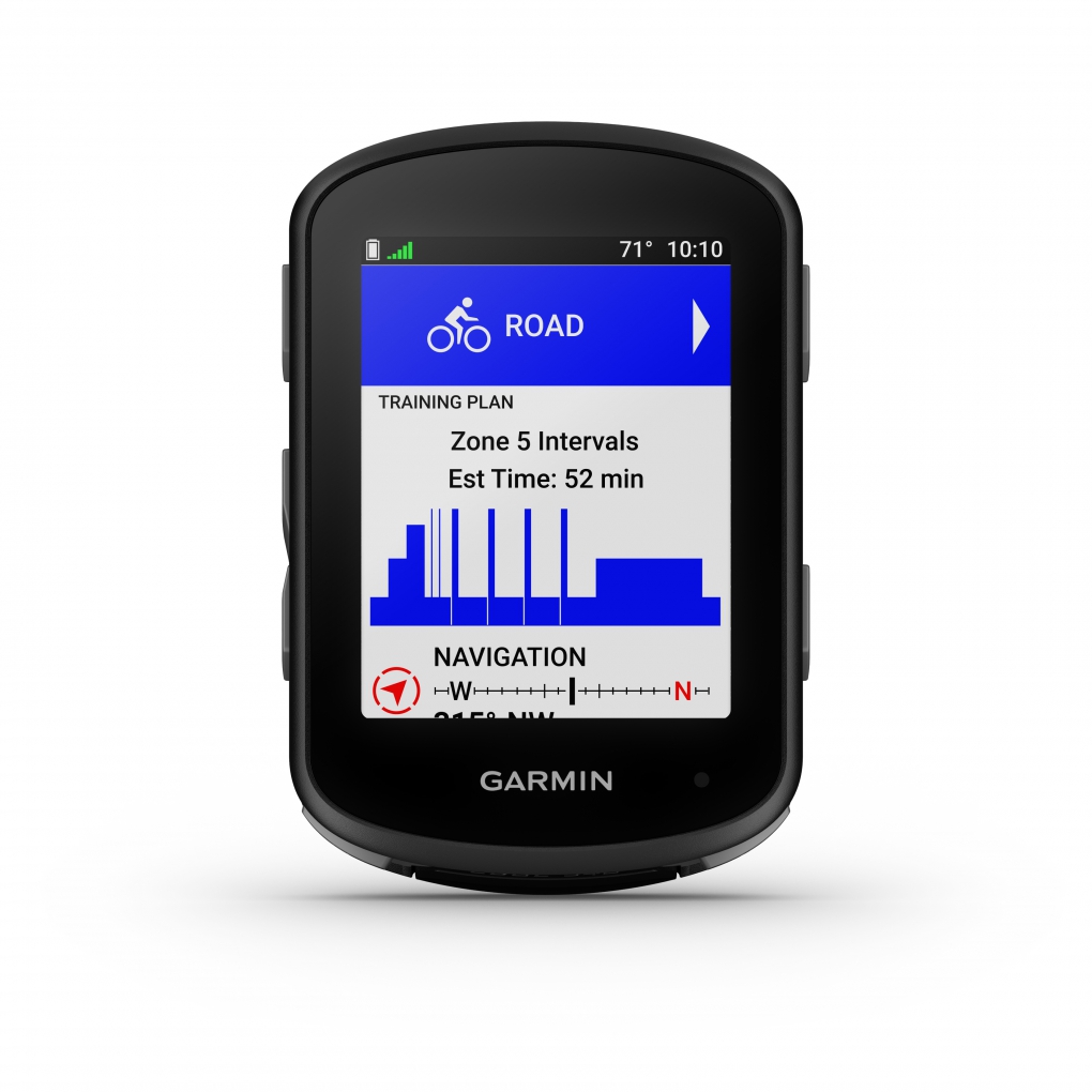 Computador de bicicleta Garmin com ecrã a cores mostrando plano de treino e navegação