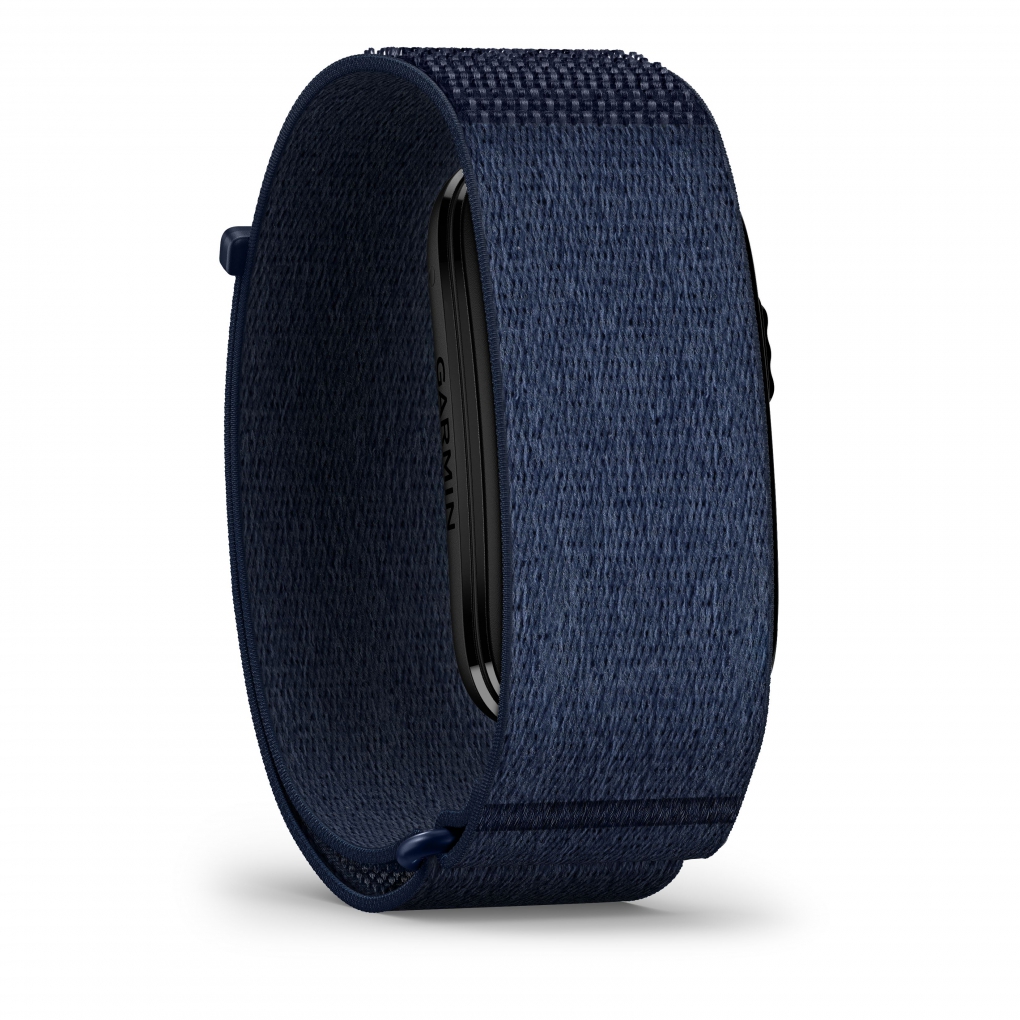 Pulseira têxtil azul escuro Garmin com componente eletrónico preto