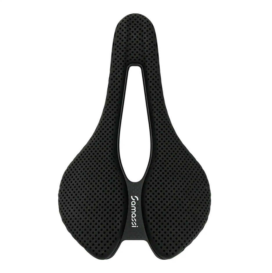 Selim de bicicleta preto perfurado com recorte central e marca Samosi