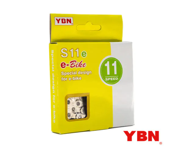 Embalagem amarela e branca com corrente de bicicleta YBN S11 e para e-Bike
