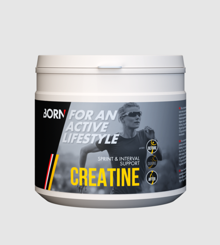 Embalagem branca de suplemento creatina com rótulo cinza e preto e texto em branco e amarelo
