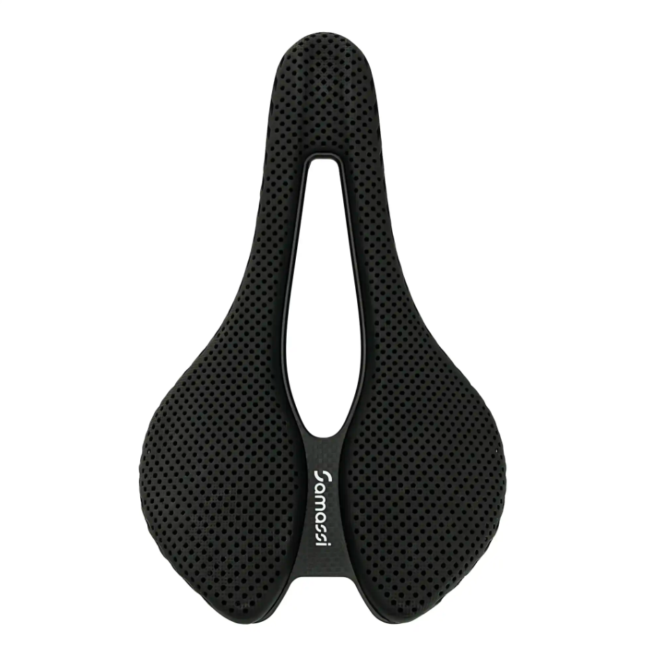 Selim de bicicleta preto perfurado com recorte central e logo Somassi