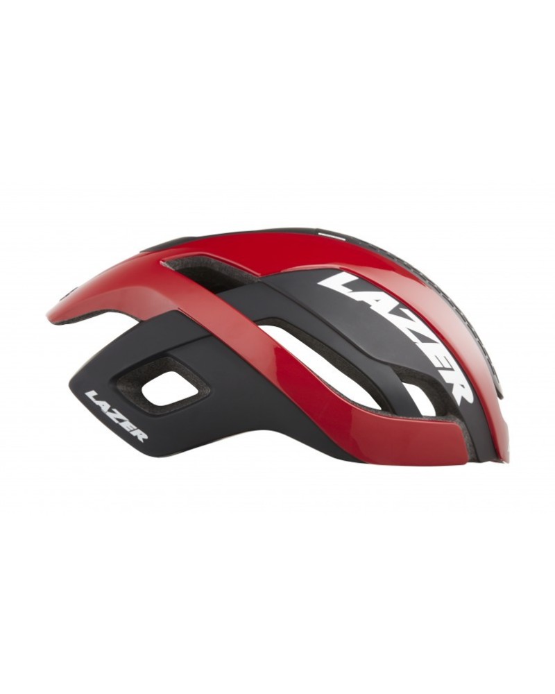 Capacete de ciclismo vermelho e preto com texto LAZER