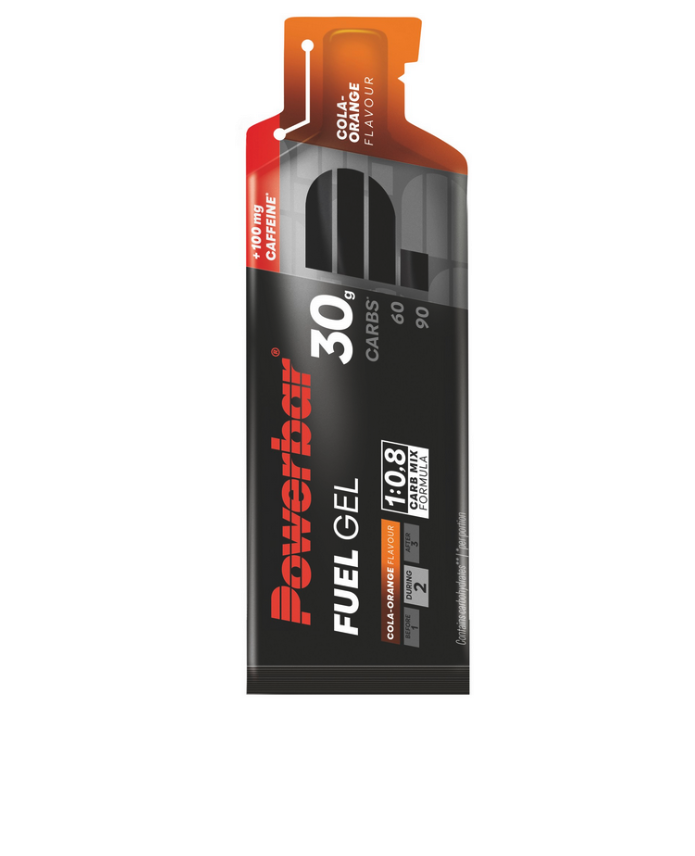 Embalagem Powerbar Fuel Gel sabor Cola-Orange Flavour com texto informativo