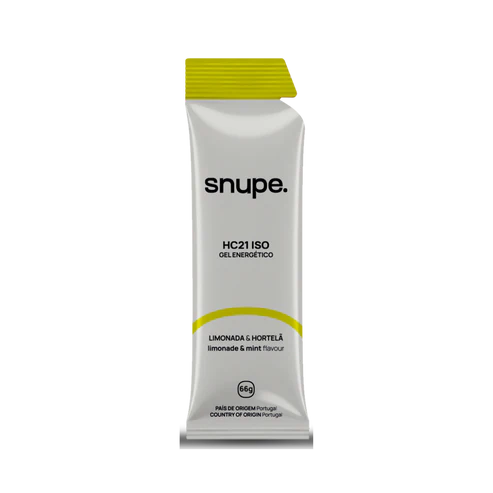 Embalagem branca com tampa amarela de gel energético snupe sabor limonada e hortelã