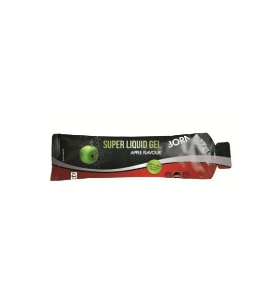 Gel líquido sabor maçã em embalagem tipo sachê preta com detalhes vermelhos e verdes.